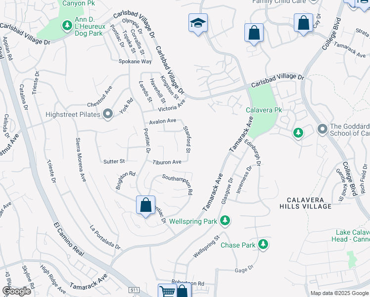map of restaurants, bars, coffee shops, grocery stores, and more near 4375 Stanford Street in Carlsbad