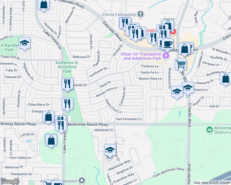 map of restaurants, bars, coffee shops, grocery stores, and more near 4610 Monte Vista Lane in McKinney
