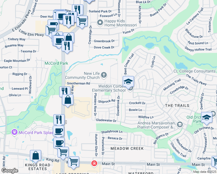 map of restaurants, bars, coffee shops, grocery stores, and more near 25603 Smotherman Road in Frisco