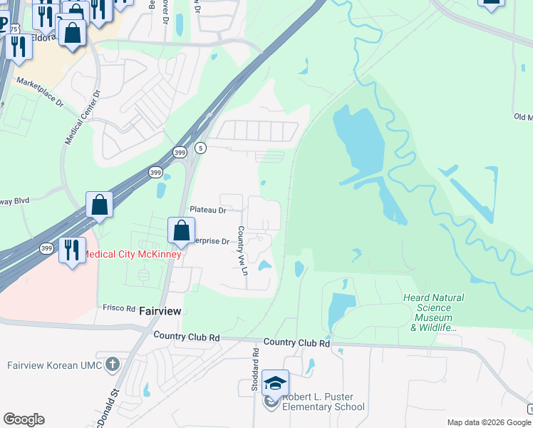 map of restaurants, bars, coffee shops, grocery stores, and more near 2401 Country View Lane in McKinney