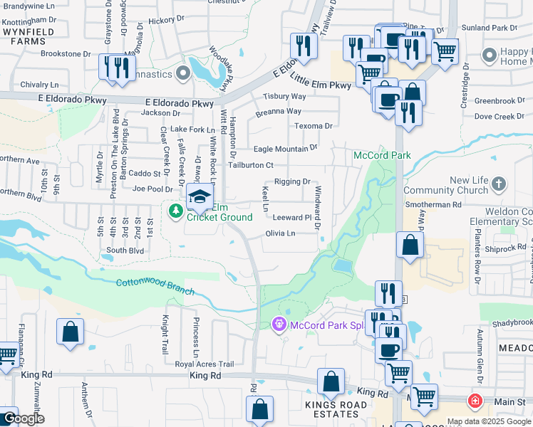 map of restaurants, bars, coffee shops, grocery stores, and more near Keel Lane in Little Elm