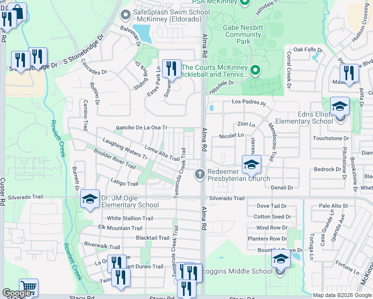 map of restaurants, bars, coffee shops, grocery stores, and more near 3605 Temecula Creek Trail in McKinney