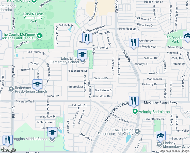 map of restaurants, bars, coffee shops, grocery stores, and more near 6516 Eaglestone Drive in McKinney