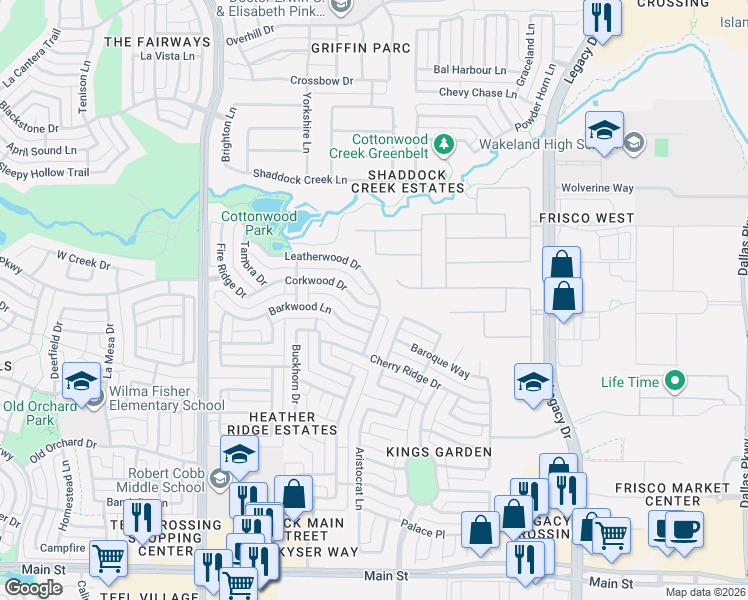 map of restaurants, bars, coffee shops, grocery stores, and more near 3669 Leatherwood Drive in Frisco