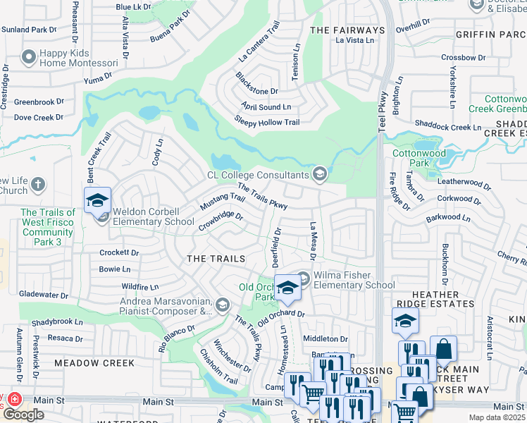 map of restaurants, bars, coffee shops, grocery stores, and more near 4107 Mustang Trail in Frisco