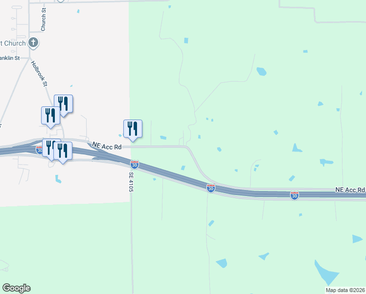map of restaurants, bars, coffee shops, grocery stores, and more near 799 Interstate 30 Service Road in Mount Vernon