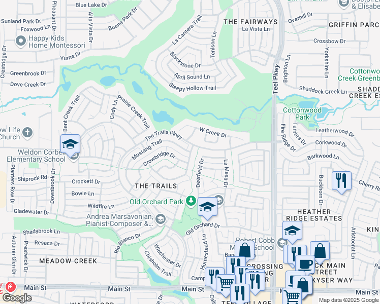 map of restaurants, bars, coffee shops, grocery stores, and more near 4107 Mustang Trail in Frisco