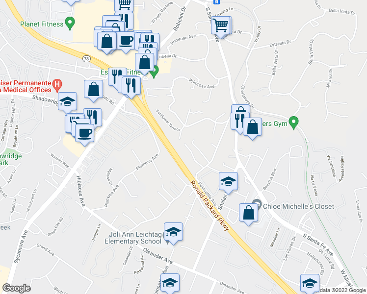 map of restaurants, bars, coffee shops, grocery stores, and more near 424 Plumosa Avenue in Vista