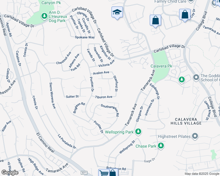map of restaurants, bars, coffee shops, grocery stores, and more near 4355 Stanford Street in Carlsbad