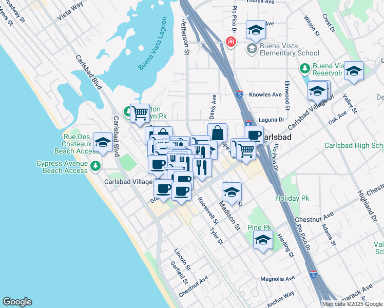 map of restaurants, bars, coffee shops, grocery stores, and more near 2777 Jefferson Street in Carlsbad