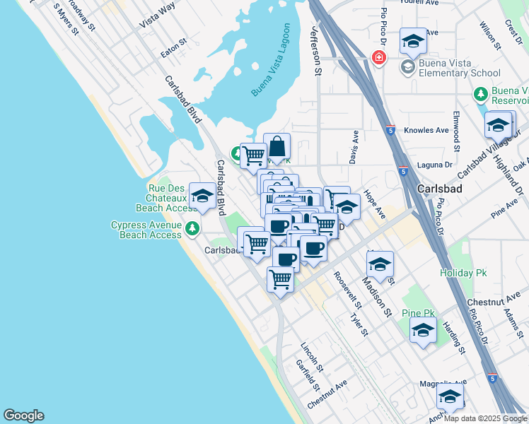 map of restaurants, bars, coffee shops, grocery stores, and more near 2653 Roosevelt Street in Carlsbad