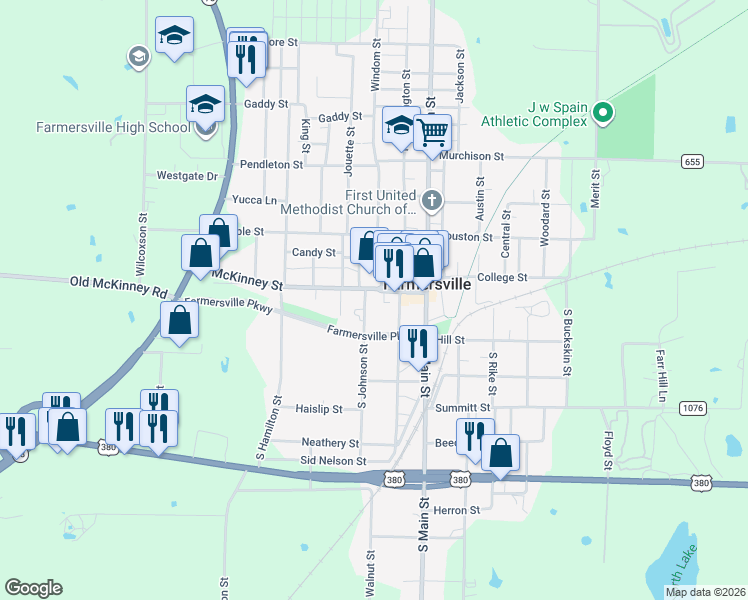 map of restaurants, bars, coffee shops, grocery stores, and more near 223 McKinney Street in Farmersville
