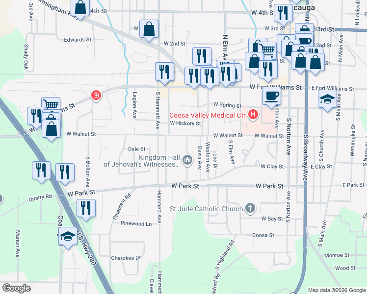 map of restaurants, bars, coffee shops, grocery stores, and more near 703 West Walnut Street in Sylacauga