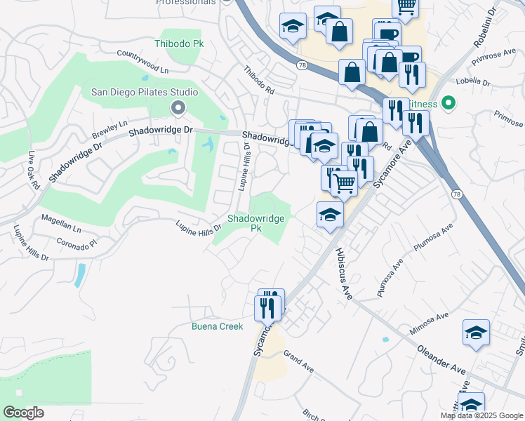 map of restaurants, bars, coffee shops, grocery stores, and more near 600 Optimist Way in Vista