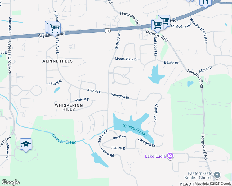 map of restaurants, bars, coffee shops, grocery stores, and more near 4020 Dearing Downs Drive in Tuscaloosa