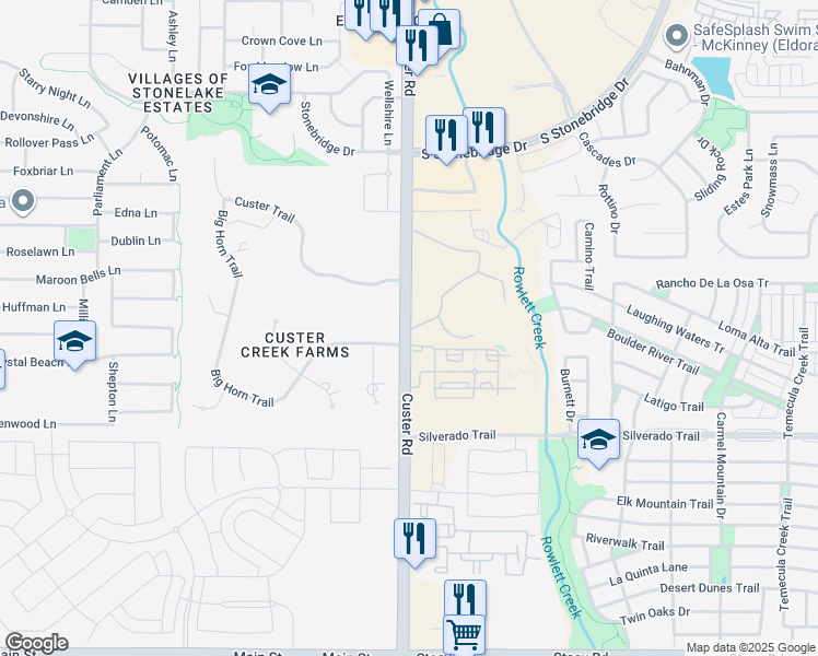 map of restaurants, bars, coffee shops, grocery stores, and more near 4101 Custer Road in McKinney