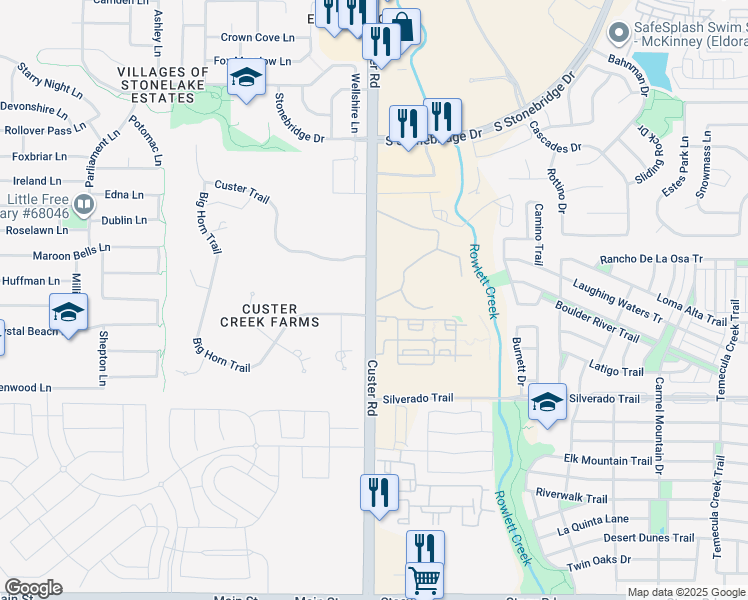 map of restaurants, bars, coffee shops, grocery stores, and more near 4101 Custer Road in McKinney