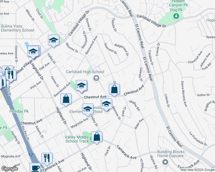 map of restaurants, bars, coffee shops, grocery stores, and more near 2031 Lee Court in Carlsbad