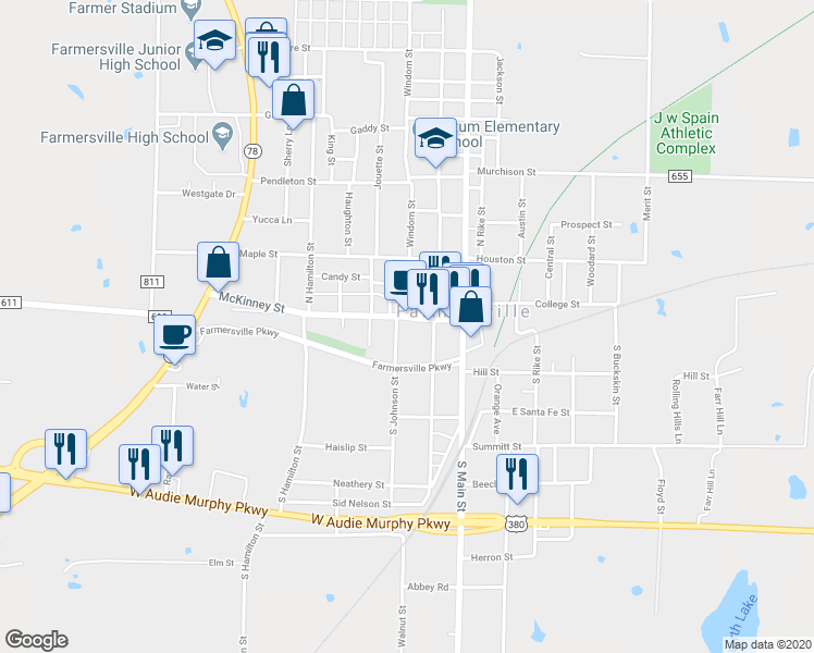 map of restaurants, bars, coffee shops, grocery stores, and more near 223 McKinney Street in Farmersville