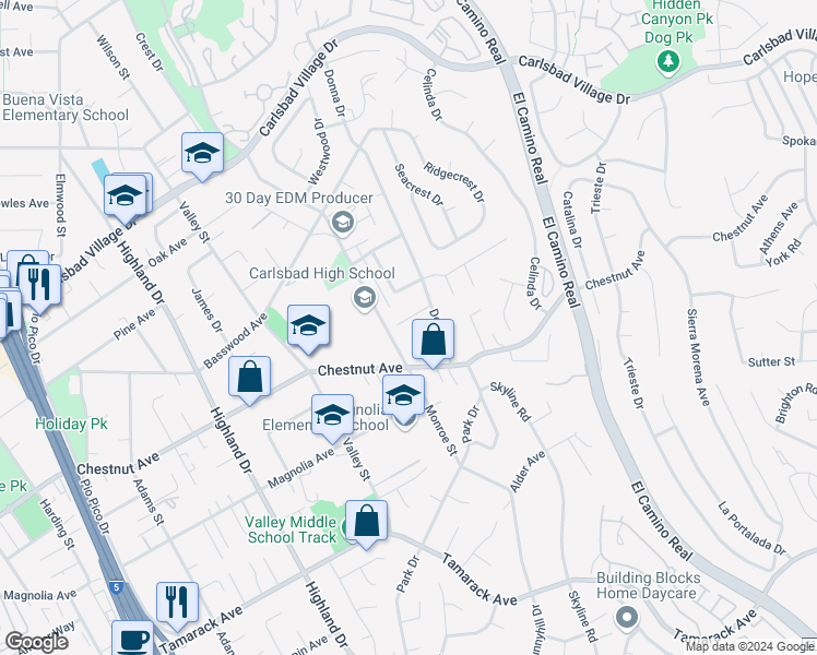 map of restaurants, bars, coffee shops, grocery stores, and more near 2031 Lee Court in Carlsbad