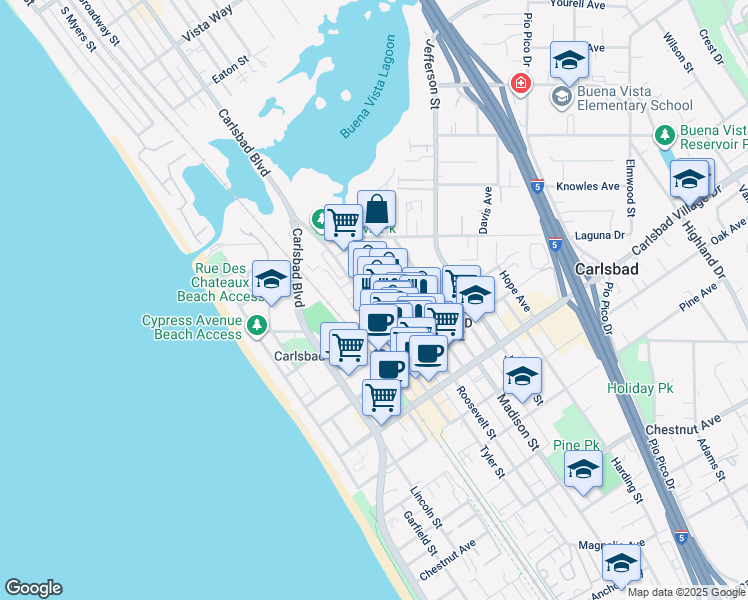 map of restaurants, bars, coffee shops, grocery stores, and more near 2653 Roosevelt Street in Carlsbad
