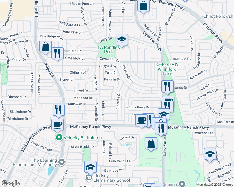 map of restaurants, bars, coffee shops, grocery stores, and more near 3712 Pinetree Drive in McKinney