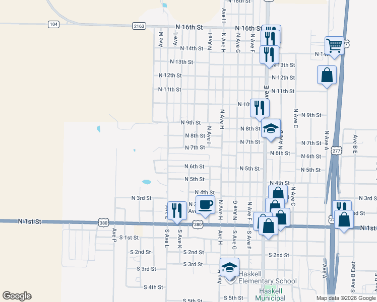 map of restaurants, bars, coffee shops, grocery stores, and more near 701 North Avenue K in Haskell