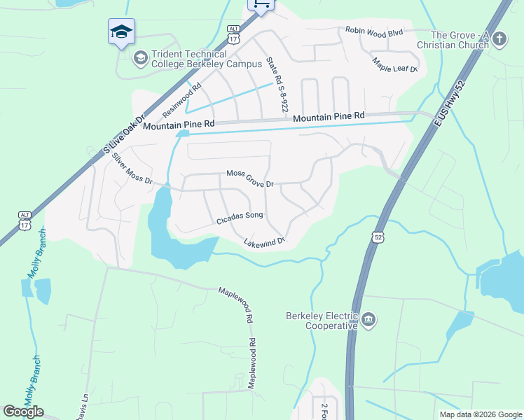 map of restaurants, bars, coffee shops, grocery stores, and more near 606 Silver Moss Drive in Moncks Corner