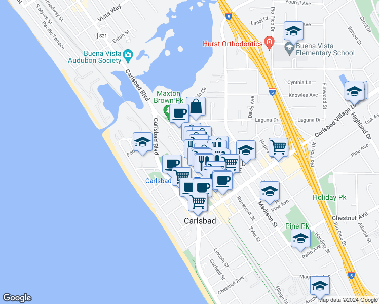 map of restaurants, bars, coffee shops, grocery stores, and more near 2653 Roosevelt Street in Carlsbad