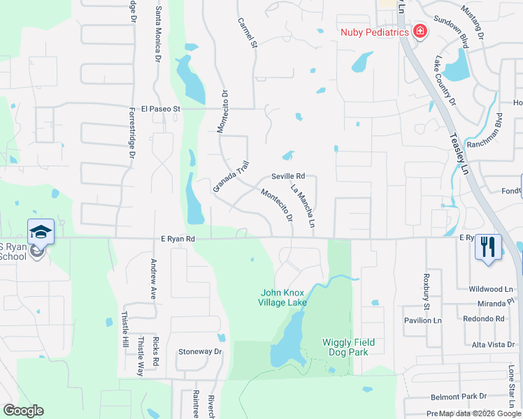 map of restaurants, bars, coffee shops, grocery stores, and more near 608 Seville Road in Denton