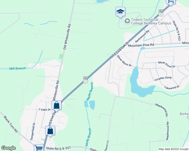 map of restaurants, bars, coffee shops, grocery stores, and more near 1290 South Live Oak Drive in Moncks Corner