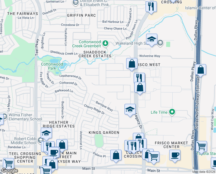 map of restaurants, bars, coffee shops, grocery stores, and more near 4052 Forest Park Lane in Frisco