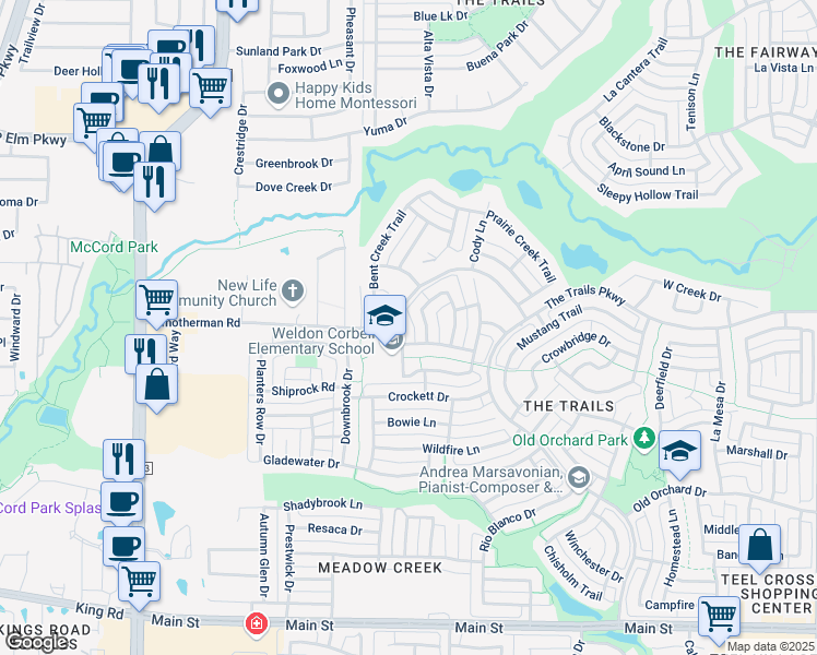 map of restaurants, bars, coffee shops, grocery stores, and more near 11178 Monarch Drive in Frisco