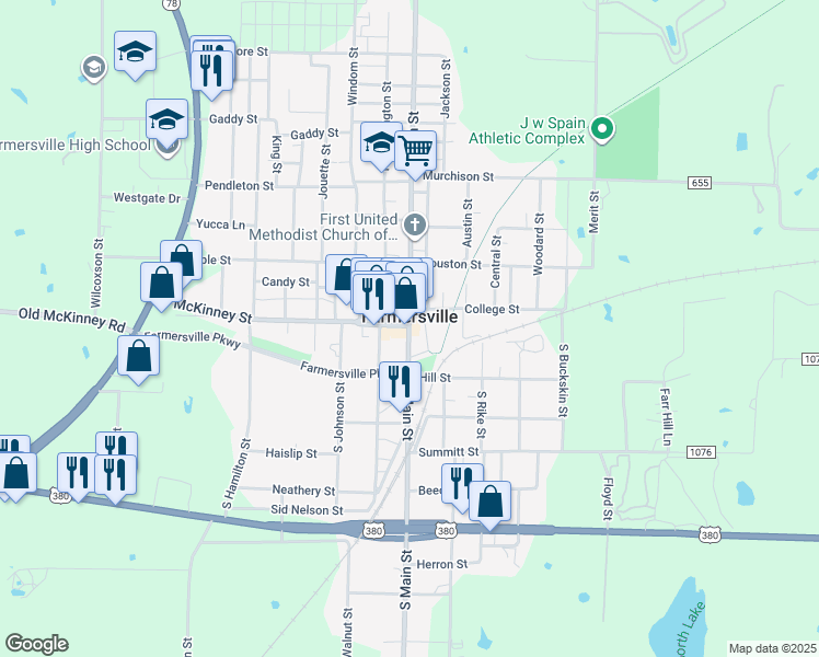 map of restaurants, bars, coffee shops, grocery stores, and more near 113 South Main Street in Farmersville