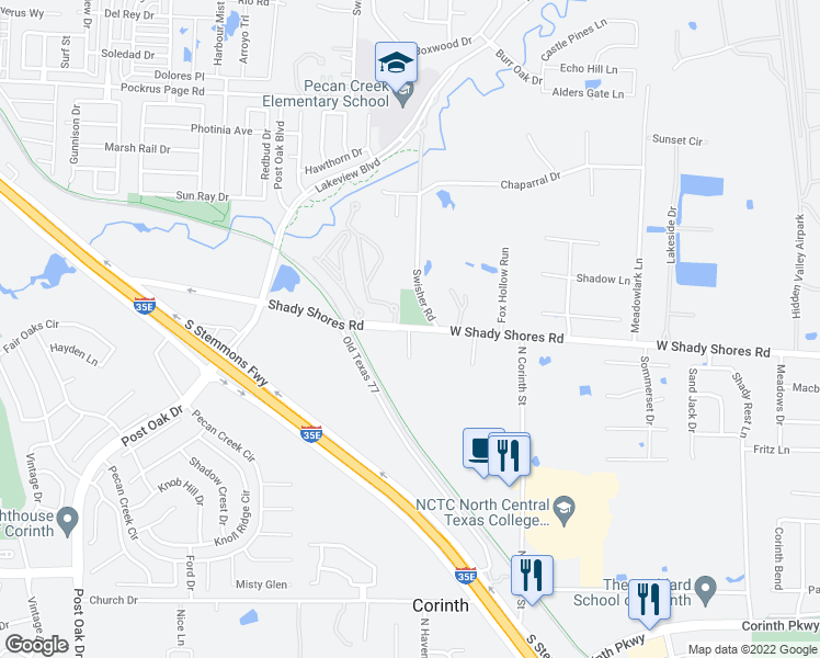 map of restaurants, bars, coffee shops, grocery stores, and more near 2826 West Shady Shores Road in Denton