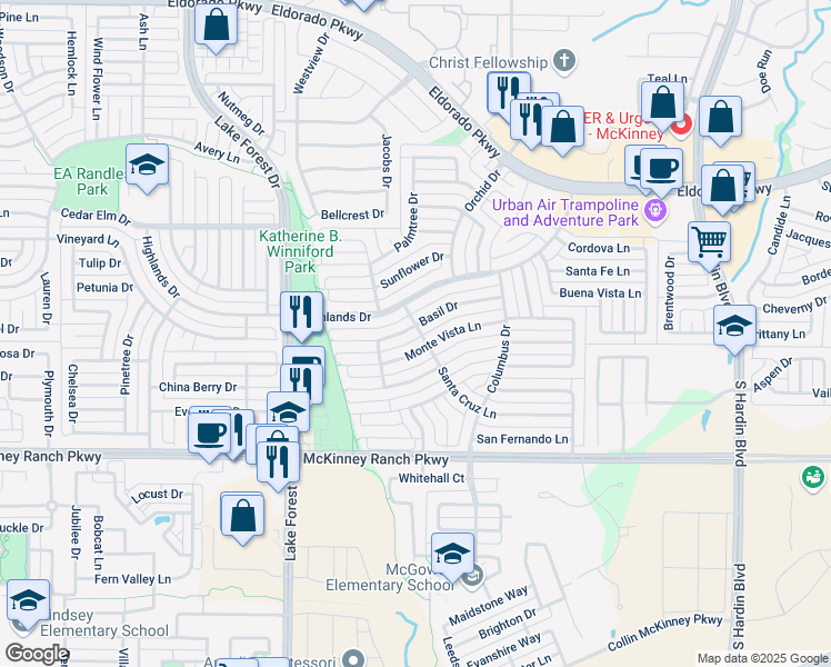 map of restaurants, bars, coffee shops, grocery stores, and more near 4809 Highlands Drive in McKinney