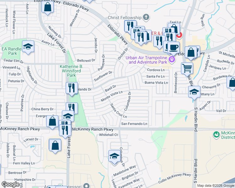 map of restaurants, bars, coffee shops, grocery stores, and more near 4701 Monte Vista Lane in McKinney