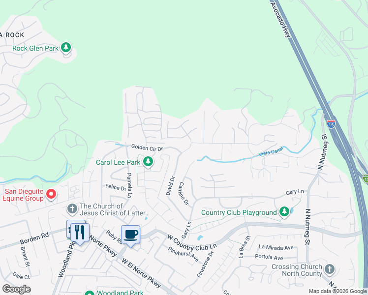 map of restaurants, bars, coffee shops, grocery stores, and more near 1739 Larkhaven Glen in Escondido