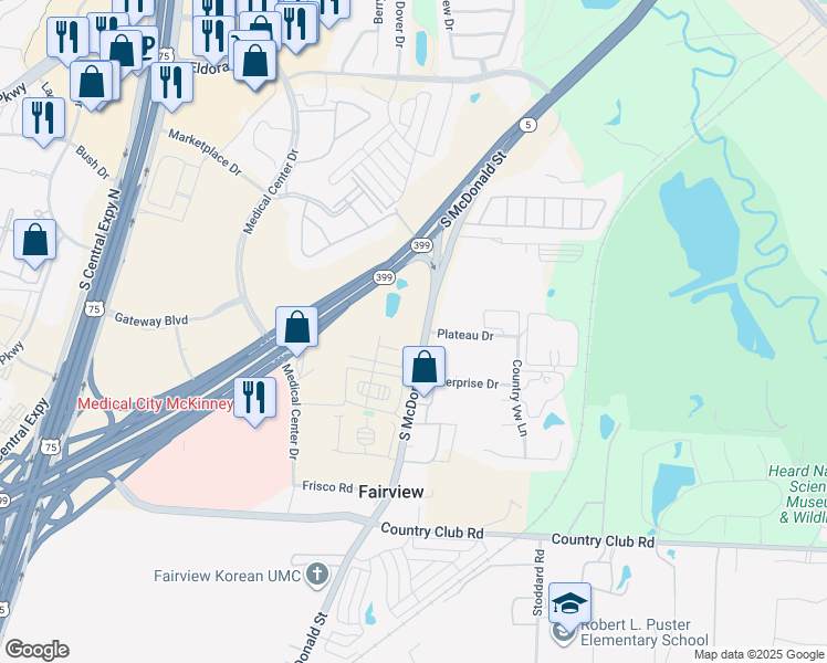 map of restaurants, bars, coffee shops, grocery stores, and more near Greenville Drive in McKinney