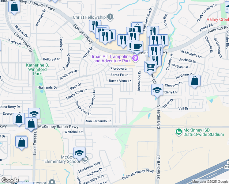 map of restaurants, bars, coffee shops, grocery stores, and more near 4315 Sarasota Lane in McKinney