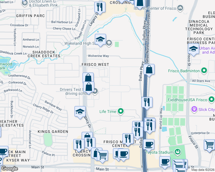 map of restaurants, bars, coffee shops, grocery stores, and more near 4645 Wyndham Lane in Frisco