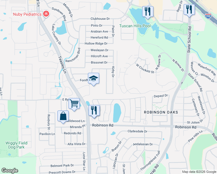 map of restaurants, bars, coffee shops, grocery stores, and more near 3905 Chimney Rock Drive in Denton