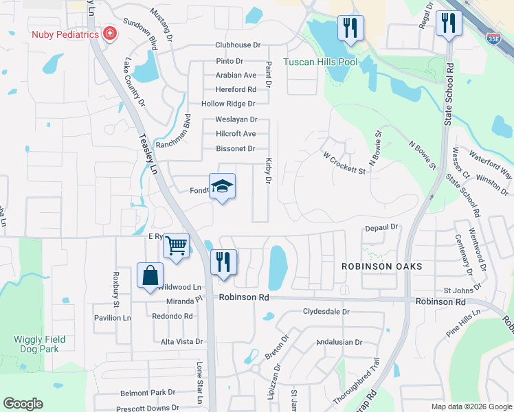map of restaurants, bars, coffee shops, grocery stores, and more near 3905 Chimney Rock Drive in Denton