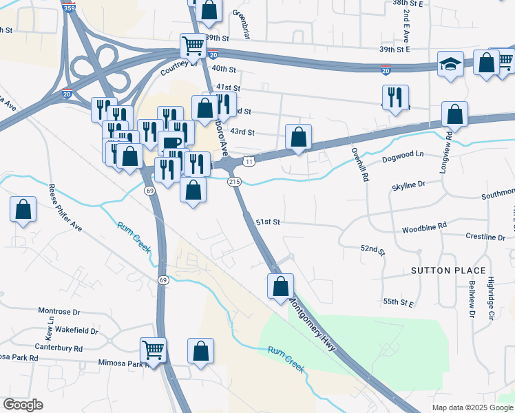 map of restaurants, bars, coffee shops, grocery stores, and more near 5001 Old Montgomery Highway in Tuscaloosa