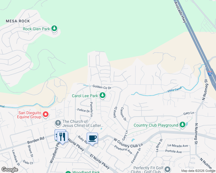 map of restaurants, bars, coffee shops, grocery stores, and more near 2032 David Drive in Escondido