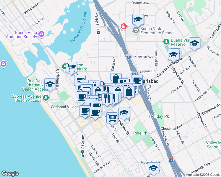 map of restaurants, bars, coffee shops, grocery stores, and more near 851 Home Avenue in Carlsbad