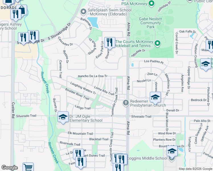 map of restaurants, bars, coffee shops, grocery stores, and more near 3621 Carmel Mountain Drive in McKinney