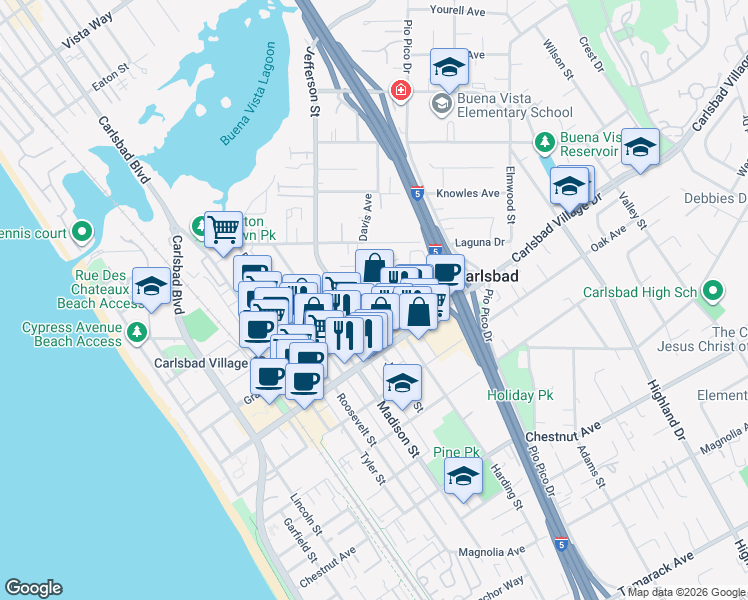 map of restaurants, bars, coffee shops, grocery stores, and more near 851 Home Avenue in Carlsbad