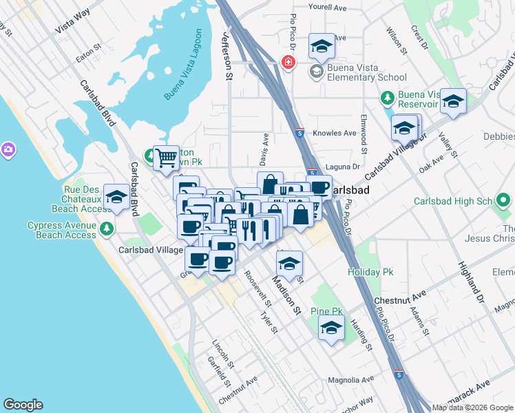 map of restaurants, bars, coffee shops, grocery stores, and more near 851 Home Avenue in Carlsbad