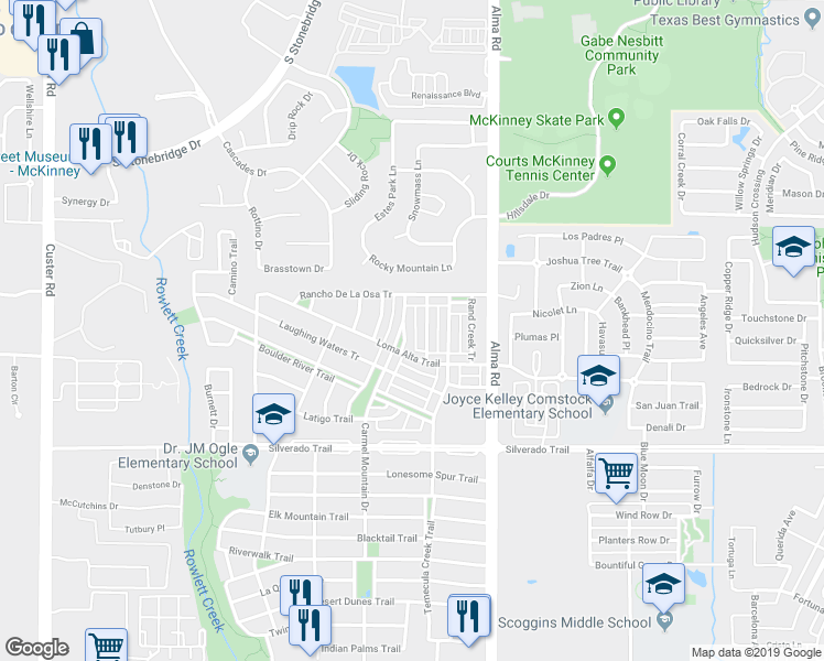 map of restaurants, bars, coffee shops, grocery stores, and more near 3621 Carmel Mountain Drive in McKinney